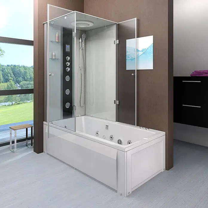 AcquaVapore Komplettdusche Fertigdusche K05-R02-WP-EC - Weiß - Moderne weiße Dusch-Badewannen-Kombination mit Glasabtrennung und Massagedüsen in einem luxuriösen Badezimmer mit Naturblick.