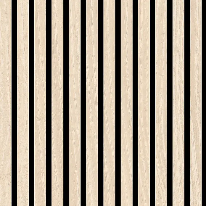 Jangal Akustikpaneel Modular Wall Furnier - Letea Oak, 1.040 x 520 x 10 mm - Vertikale hellbeige Holzlatten mit sichtbarer Maserung, durch schwarze Zwischenräume getrennt.