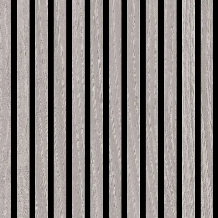 Jangal Akustikpaneel Modular Wall Furnier - Oulanka Oak, 1.040 x 520 x 10 mm - Hellegraue vertikale Holzlatten mit schwarzen Zwischenräumen, bilden ein Dekorpaneel.