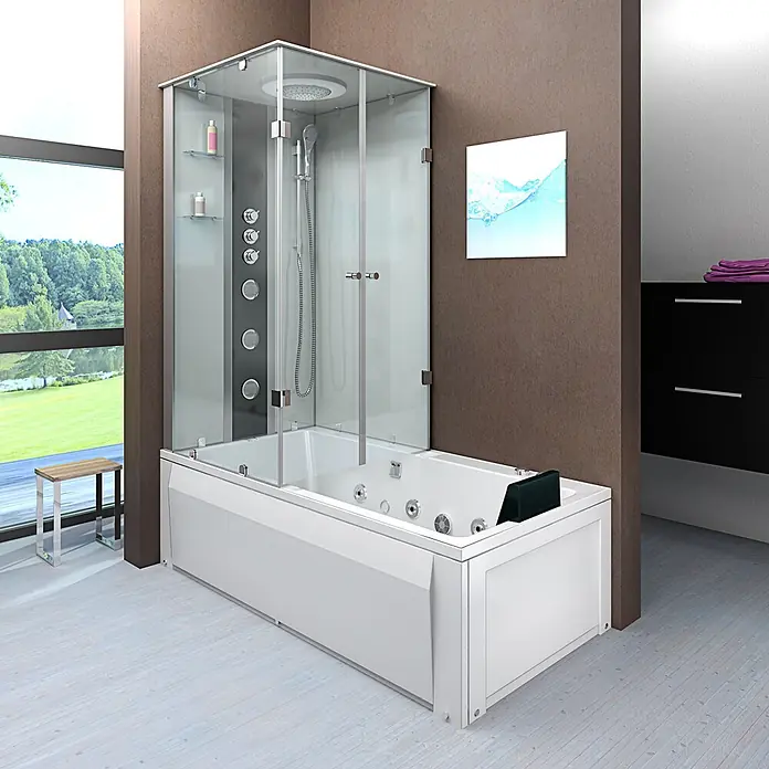 AcquaVapore Komplettdusche Fertigdusche K05-R02-WP-EC - Weiß - Weiße Whirlpool-Badewanne mit integrierter Duschkabine aus Klarglas, Regenbrause und Massagedüsen in modernem Bad.