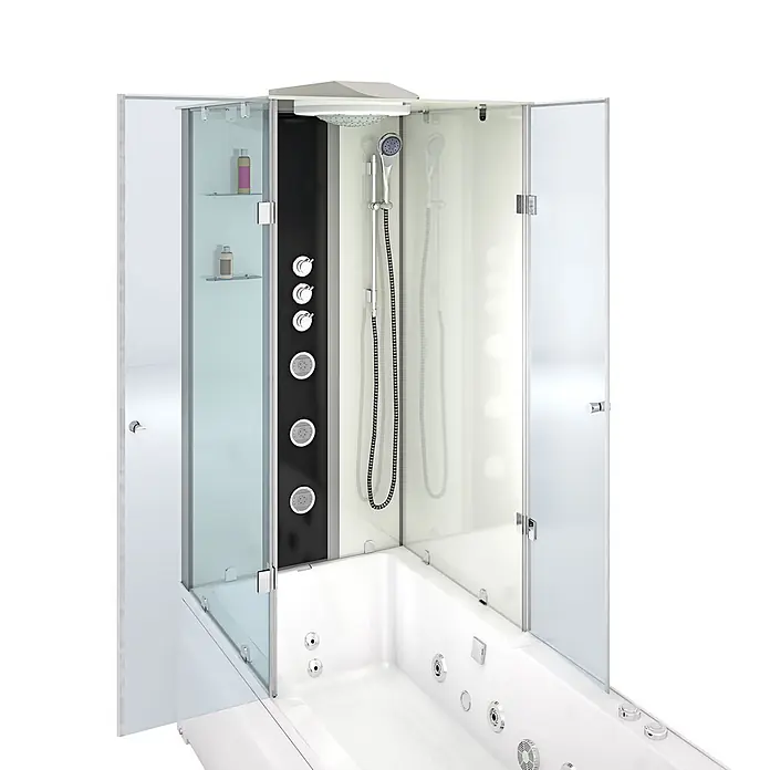 AcquaVapore Komplettdusche Fertigdusche K05-R02-WP-EC - Weiß - Weiße Whirlpool-Badewanne mit integrierter Glas-Duschkabine, schwarzem Bedienfeld und Chrom-Armaturen.