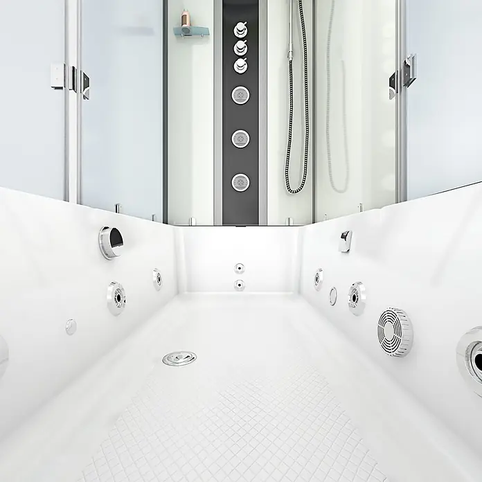 AcquaVapore Komplettdusche Fertigdusche K05-R02-WP-EC - Weiß - Weiße Whirlpool-Badewanne mit integrierter Duschkabine, Chromdüsen und Duscharmaturen.