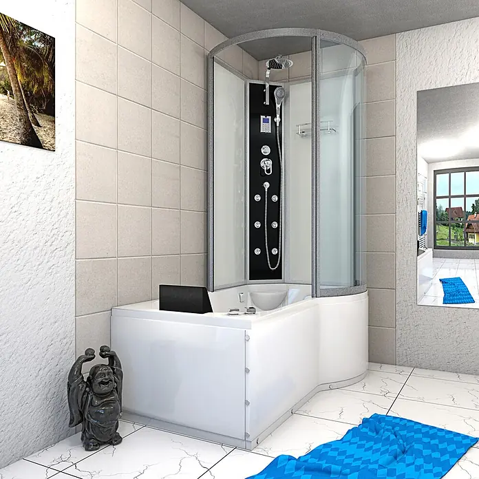 AcquaVapore Komplettdusche Fertigdusche K50-L01-WP - 170 x 98 x 225 cm, Weiß - Weiße Eckbadewanne mit integrierter gebogener Glasduschkabine, schwarzem Multifunktions-Duschpaneel und Kopfstütze im modernen Badezimmer.