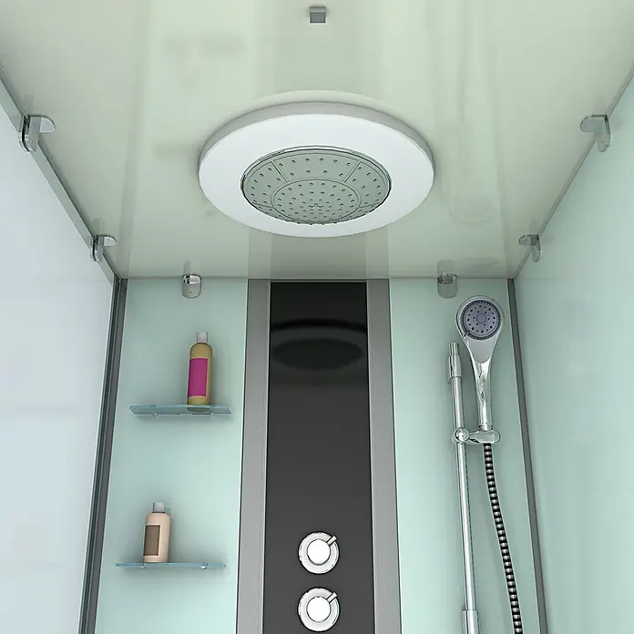 AcquaVapore Komplettdusche Fertigdusche K05-R02-WP-EC - Weiß - Moderner Duschkabinen-Innenraum mit Regen- und Handbrause, Chromarmaturen und Glasablagen mit Pflegeprodukten.