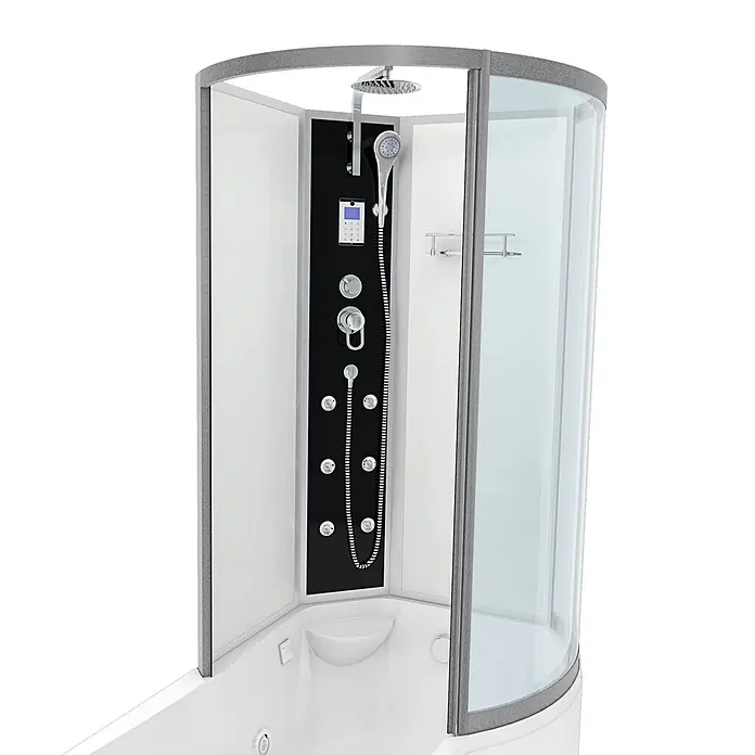 AcquaVapore Komplettdusche Fertigdusche K50-L01-WP - 170 x 98 x 225 cm, Weiß - Weiße Eckduschkabine mit integrierter Badewanne und schwarzer Multifunktions-Duschsäule mit Kopf-, Handbrause und Massagedüsen.