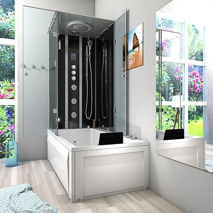 AcquaVapore Komplettdusche Fertigdusche K05-R33-WP-EC - Schwarz - Moderne weiße Badewanne mit integrierter schwarz-silberner Multi-Jet-Duschkabine in hellem Badezimmer.