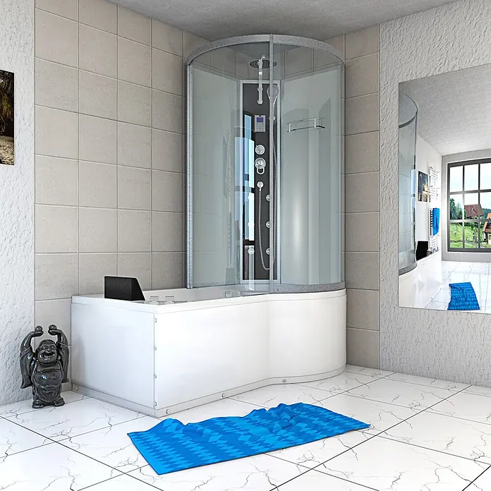 AcquaVapore Komplettdusche Fertigdusche K50-L01-WP - 170 x 98 x 225 cm, Weiß - Moderne weiße Eckbadewanne mit integrierter Glasduschkabine und modernem Bedienfeld in einem gefliesten Badezimmer.