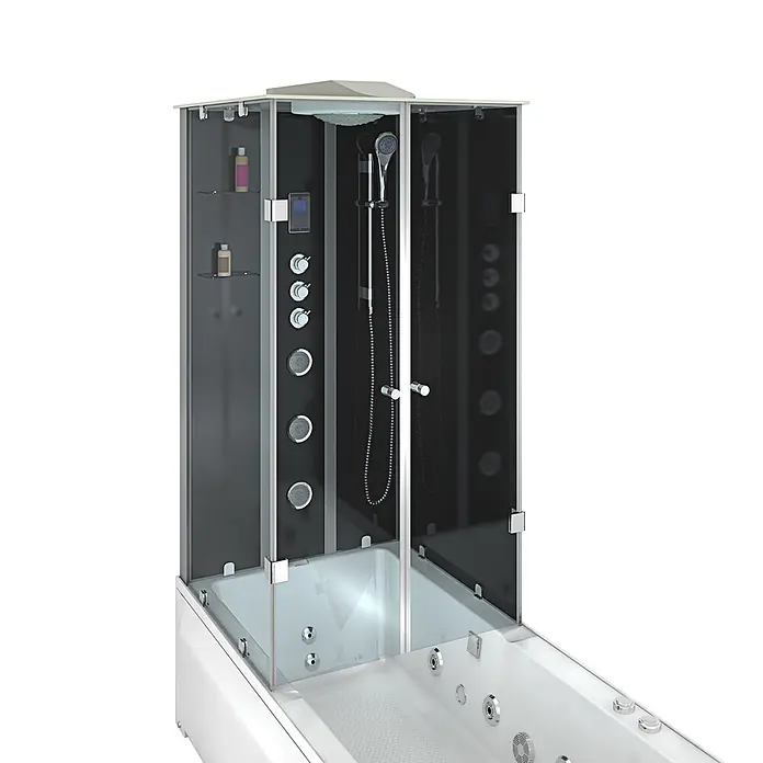 AcquaVapore Komplettdusche Fertigdusche K05-R33-WP-EC - Schwarz - Moderne schwarz-weiße Dusch-Badewannen-Kombination mit Klarglas, mehreren Duschköpfen, Massagedüsen und Bedienfeld.