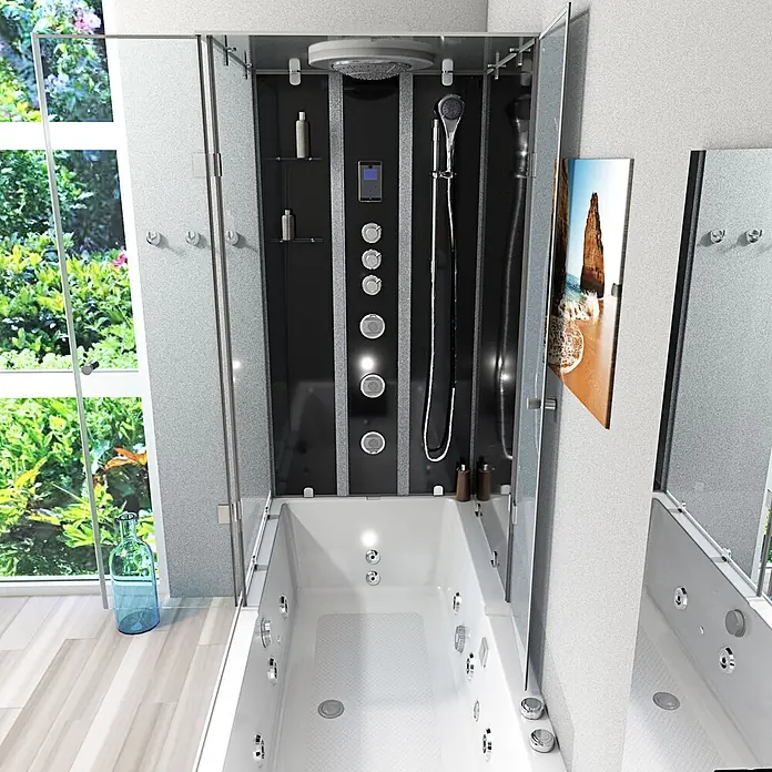 AcquaVapore Komplettdusche Fertigdusche K05-R33-WP-EC - Schwarz - Moderne Dusch-Badewannen-Kombination mit schwarzer Blende, Chromarmaturen und Hydromassagedüsen.