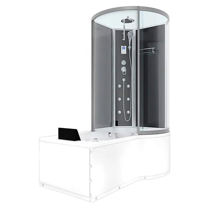 AcquaVapore Komplettdusche Fertigdusche K50-L31-WP-EC - Schwarz - Moderne weiße Duschkabine mit integrierter Badewanne, klaren Glaspaneelen und grauem Duschsystem mit mehreren Düsen.