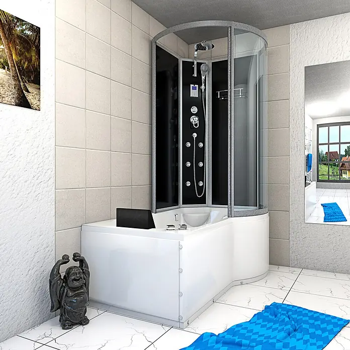 AcquaVapore Komplettdusche Fertigdusche K50-L31-WP-EC - Schwarz - Moderne Eckduschkabine mit integrierter weißer Badewanne und schwarzem Multi-Jet-Duschpaneel in einem gefliesten Badezimmer.