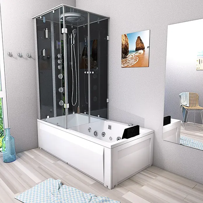 AcquaVapore Komplettdusche Fertigdusche K05-R33-WP-EC - Schwarz - Weiße Whirlpool-Badewanne kombiniert mit einer modernen Glas- und dunkelgrauen Duschkabine im Badezimmer.