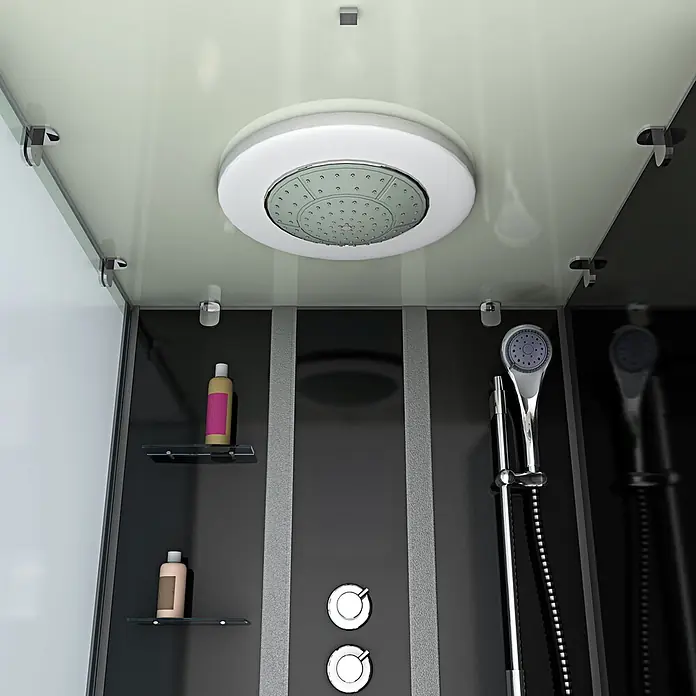 AcquaVapore Komplettdusche Fertigdusche K05-R32-WP - Schwarz - Innenansicht einer modernen Duschkabine mit runder Deckenbrause, Handbrause, Chromarmaturen und schwarzen Wänden mit Ablagen.