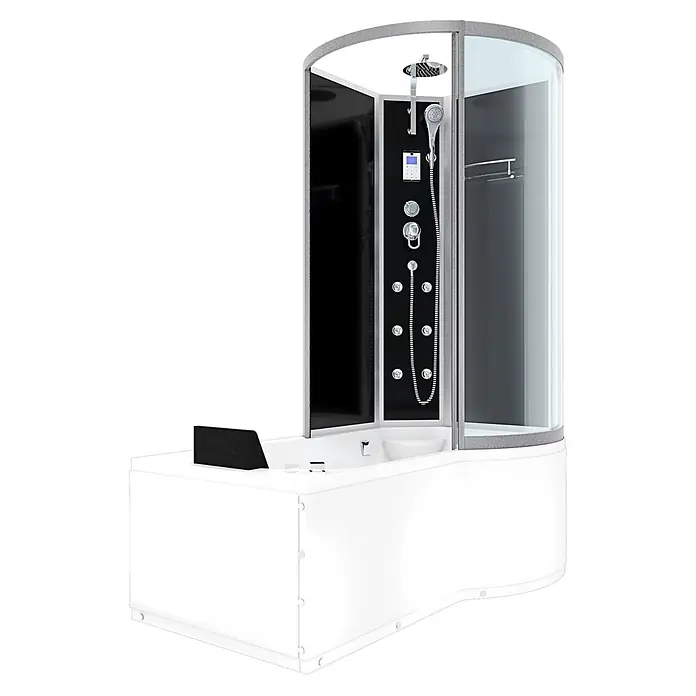 AcquaVapore Komplettdusche Fertigdusche K50-L31-WP-EC - Schwarz - Weiße Duschkabine mit integrierter Badewanne, schwarzem Paneel und klaren Glastüren, mit Chrom-Duschköpfen.