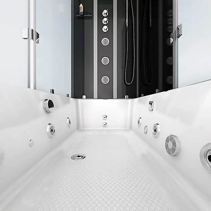 AcquaVapore Komplettdusche Fertigdusche K05-R32-WP - Schwarz - Weiße Whirlpool-Badewanne mit Chromdüsen, integriert in ein schwarz-silbernes Duschpanel mit Bedienelementen und Massagedüsen, umgeben von Glas.