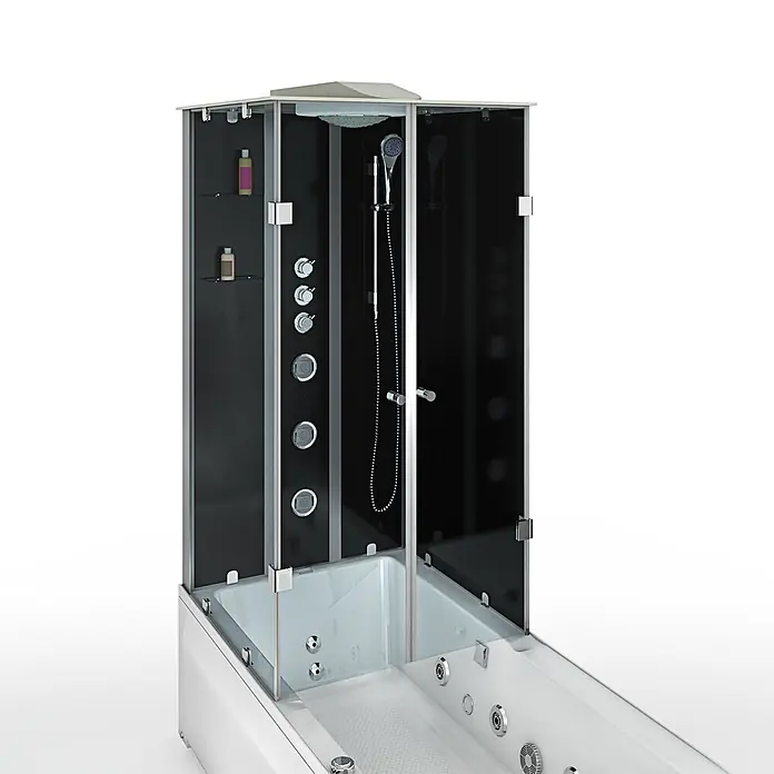 AcquaVapore Komplettdusche Fertigdusche K05-R32-WP - Schwarz - Moderne Dusch- und Whirlpool-Badewannen-Kombination mit schwarzer Rückwand, Glasabtrennung und Chromarmaturen.