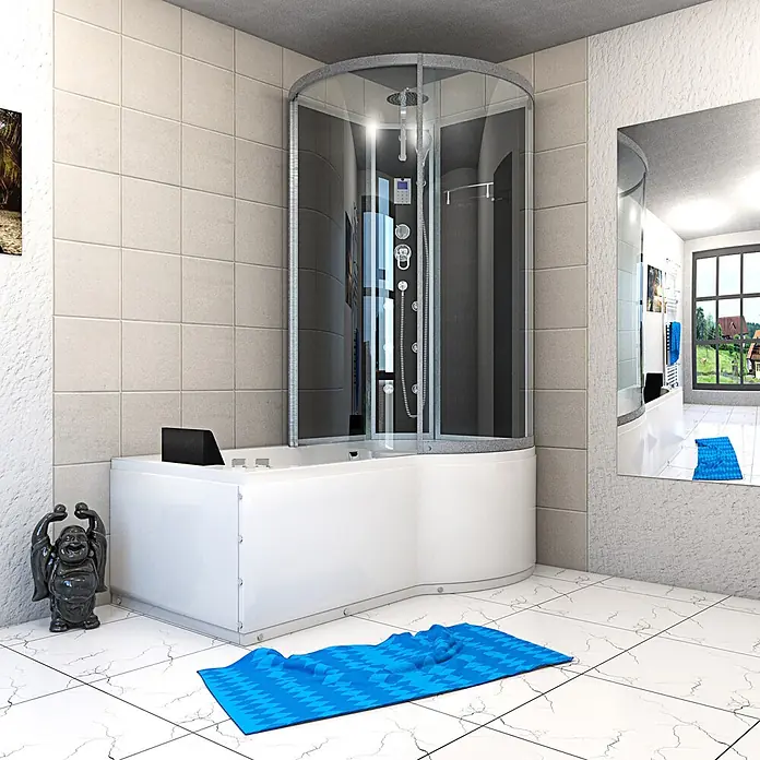 AcquaVapore Komplettdusche Fertigdusche K50-L31-WP-EC - Schwarz - Weiße Eckbadewanne mit integrierter gebogener Glasduschkabine mit Hydromassagedüsen und Bedienelementen in einem modernen Badezimmer.