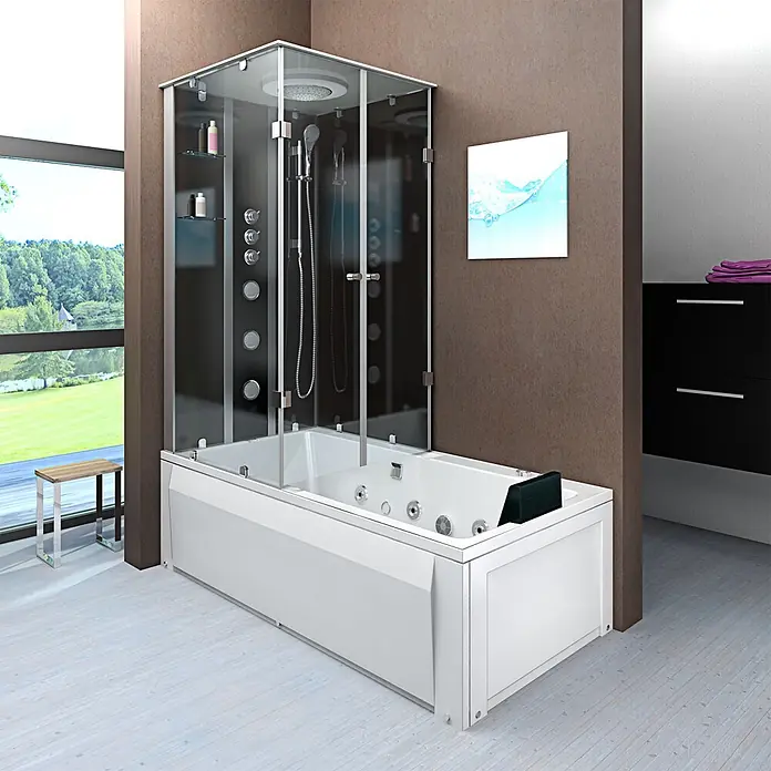AcquaVapore Komplettdusche Fertigdusche K05-R32-WP - Schwarz - Moderne weiße Hydromassage-Badewanne mit integrierter Glas-Duschkabine, Massagedüsen und Kopfbrause in einem hellen Badezimmer.