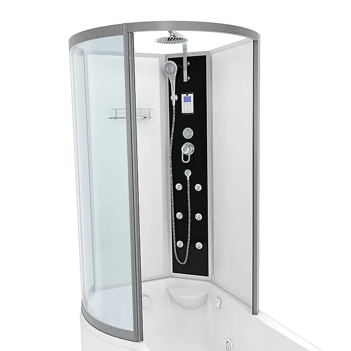 AcquaVapore Komplettdusche Fertigdusche K50-R01-WP - 170 x 98 x 225 cm, Weiß - Moderne weiße Eckduschkabine mit Glaspaneelen, integrierter Badewanne und multifunktionalem schwarzem Duschpaneel.
