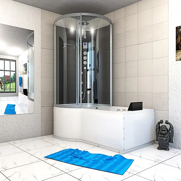 AcquaVapore Komplettdusche Fertigdusche K50-R33-WP-EC - Schwarz - Weißes Eckduschbad mit Klarglasabtrennung in einem modernen Badezimmer.