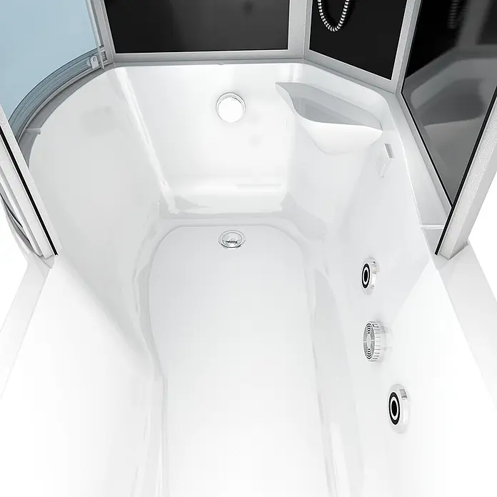 AcquaVapore Komplettdusche Fertigdusche K50-R33-WP-EC - Schwarz - Moderner weißer Duschkabinen-Innenraum mit Chromarmaturen, strukturiertem Antirutschboden und zentralem Abfluss.
