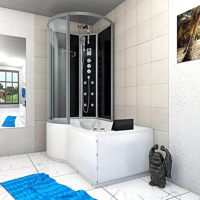 AcquaVapore Komplettdusche Fertigdusche K50-R33-WP-EC - Schwarz - Moderne Eckduschkabine mit integrierter Badewanne, schwarzem Duschpaneel und Chromarmaturen.