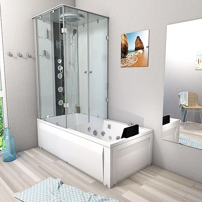 AcquaVapore Komplettdusche Fertigdusche K05-R01-WP-EC - 90 x 180 x 225 cm, Weiß - Weiße Whirlpool-Badewanne mit integrierter Glasduschkabine und Hydromassagedüsen in einem modernen Badezimmer.