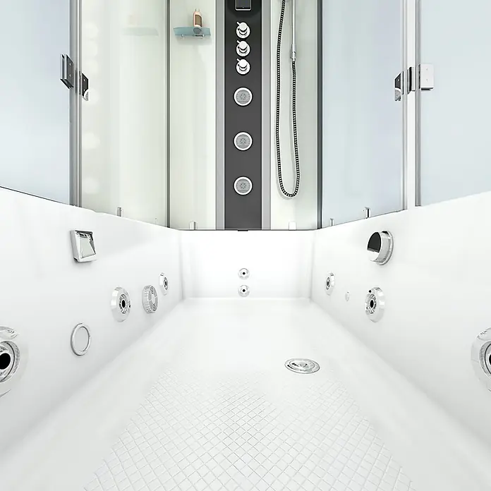 AcquaVapore Komplettdusche Fertigdusche K05-L03-WP - Weiß - Weiße Duschkabine mit integrierter Whirlpool-Badewanne, Glastüren und dunklem Duschpaneel mit Chromarmaturen.