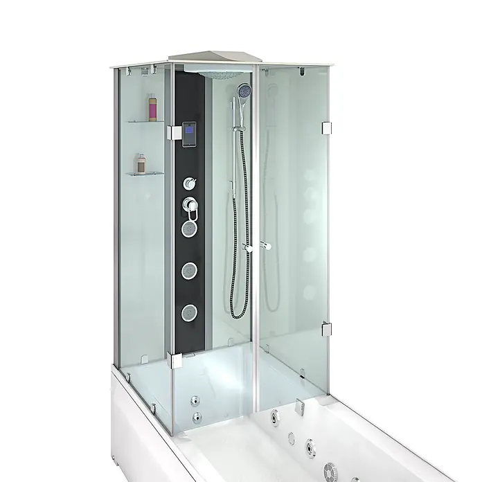 AcquaVapore Komplettdusche Fertigdusche K05-R01-WP-EC - 90 x 180 x 225 cm, Weiß - Weiße Eck-Duschkabine mit Klarglaswänden, integrierter Badewanne mit Hydromassagedüsen und schwarzem Duschpaneel.