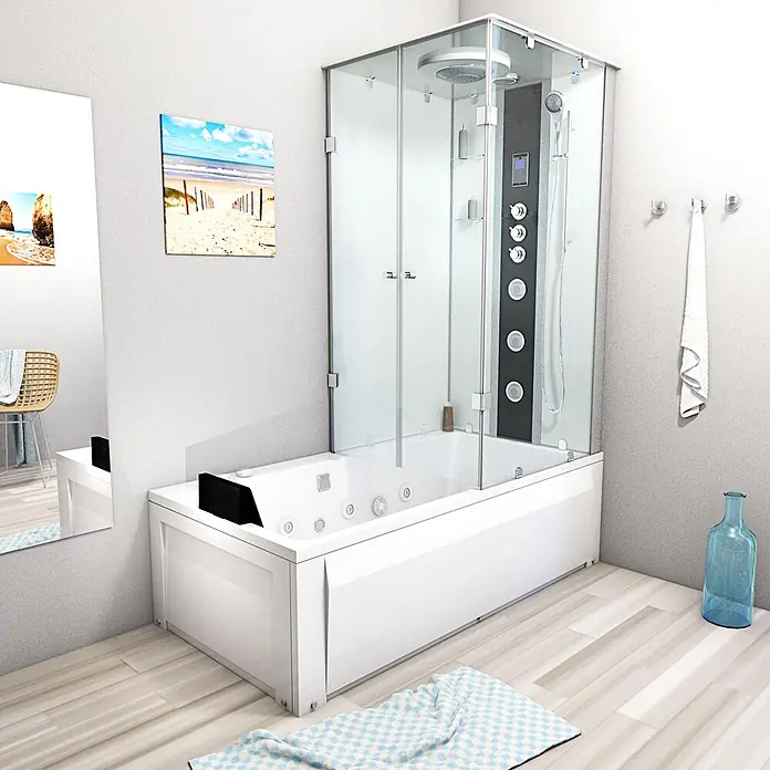 AcquaVapore Komplettdusche Fertigdusche K05-L03-WP - Weiß - Moderne weiße Dusch-Badewannen-Kombination mit Glasabtrennung, integriertem Duschpaneel und Düsen.