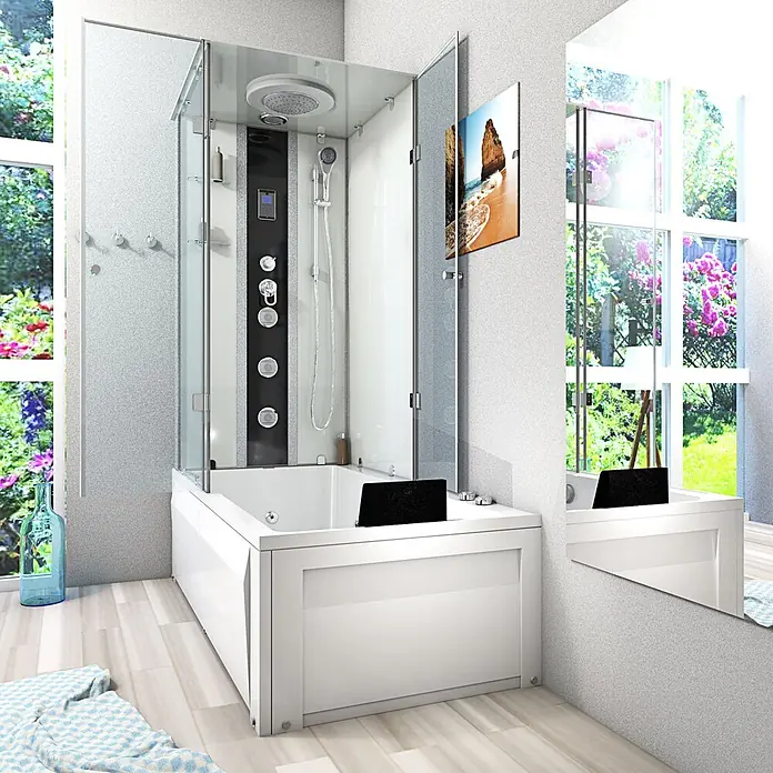AcquaVapore Komplettdusche Fertigdusche K05-R01-WP-EC - 90 x 180 x 225 cm, Weiß - Weiße Eckbadewanne mit integrierter Glasduschkabine und schwarzem Multifunktionspanel in einem hellen Bad.