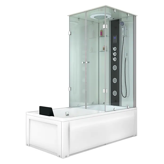 AcquaVapore Komplettdusche Fertigdusche K05-L03-WP - Weiß - Weiße Badewanne mit integrierter Glasduschkabine, schwarzem Bedienfeld und mehreren Duschköpfen.