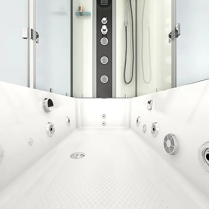 AcquaVapore Komplettdusche Fertigdusche K05-R01-WP-EC - 90 x 180 x 225 cm, Weiß - Weiße Whirlpool-Badewanne mit integrierter Duschkabine, mit Chromarmaturen und Hydromassagedüsen.