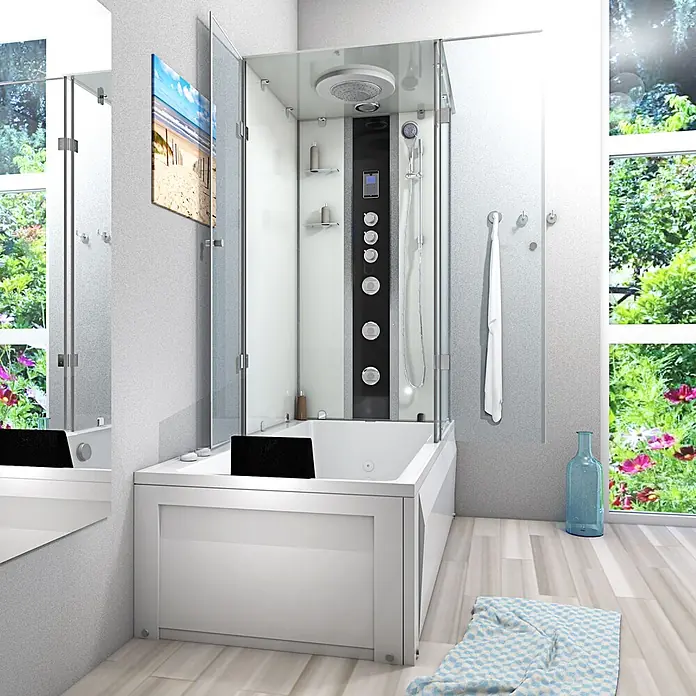 AcquaVapore Komplettdusche Fertigdusche K05-L03-WP - Weiß - Weiße Kombi-Badewanne und Duschkabine mit schwarzem Bedienfeld, integrierten Hydromassagedüsen und Regendusche.