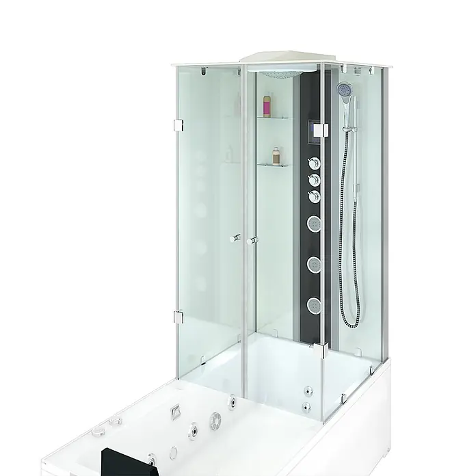 AcquaVapore Komplettdusche Fertigdusche K05-L03-WP - Weiß - Weiße Dusch-Badewannen-Kombination mit klarer Glasabtrennung und schwarzem Hydromassage-Panel für Dusche und Bad.