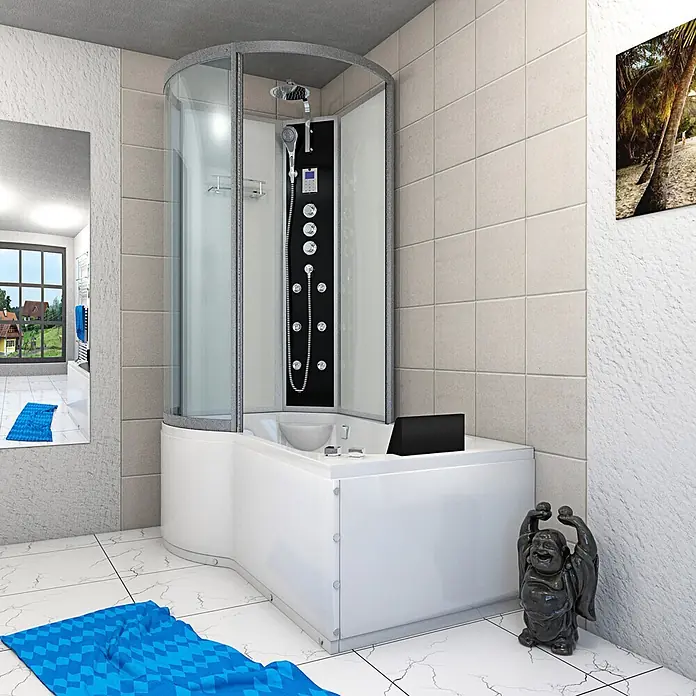 AcquaVapore Komplettdusche Fertigdusche K50-R03-WP-EC - Weiß - Weiße Eckduschkabine mit integrierter Badewanne, schwarzem Duschpaneel und Klarglastüren für ein modernes Badezimmer.