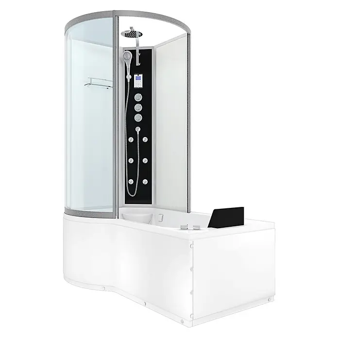 AcquaVapore Komplettdusche Fertigdusche K50-R03-WP-EC - Weiß - Weiße Dusch-Badewannen-Kombination mit klarer Glasduschkabine, schwarzem Bedienfeld, Regendusche, Handbrause und Massagedüsen.