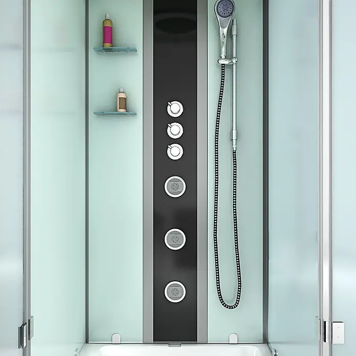 AcquaVapore Komplettdusche Fertigdusche K05-L02-WP - Weiß - Moderner Duschkabinen-Innenraum mit schwarzem und silbernem Multi-Jet-Duschpaneel, Handbrause und Glasablagen.