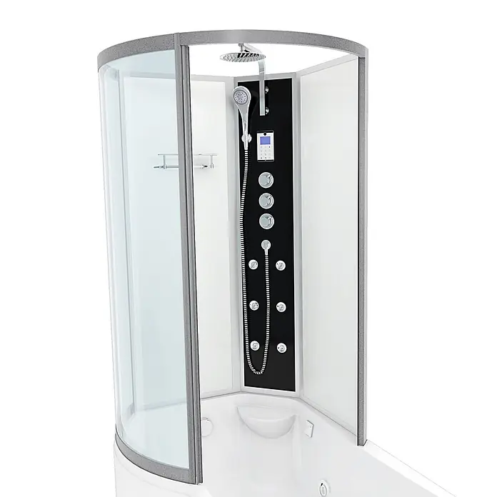 AcquaVapore Komplettdusche Fertigdusche K50-R03-WP-EC - Weiß - Moderne Eckduschkabine mit integrierter Badewanne, schwarzem Bedienfeld, Regendusche, Handbrause und Massagedüsen, gerahmt in Grau und Klarglas.
