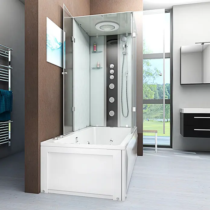 AcquaVapore Komplettdusche Fertigdusche K05-L02-WP - Weiß - Moderne weiße Badewannen-Duschkombination mit Glasabtrennung, Regendusche und Massagedüsen im hellen Badezimmer.