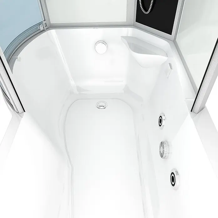 AcquaVapore Komplettdusche Fertigdusche K50-R03-WP-EC - Weiß - Weißer, glänzender Duschkabinen-Innenraum mit texturiertem Anti-Rutsch-Boden, integrierter Sitzfläche, Bedienelementen und gebogener Glastür.