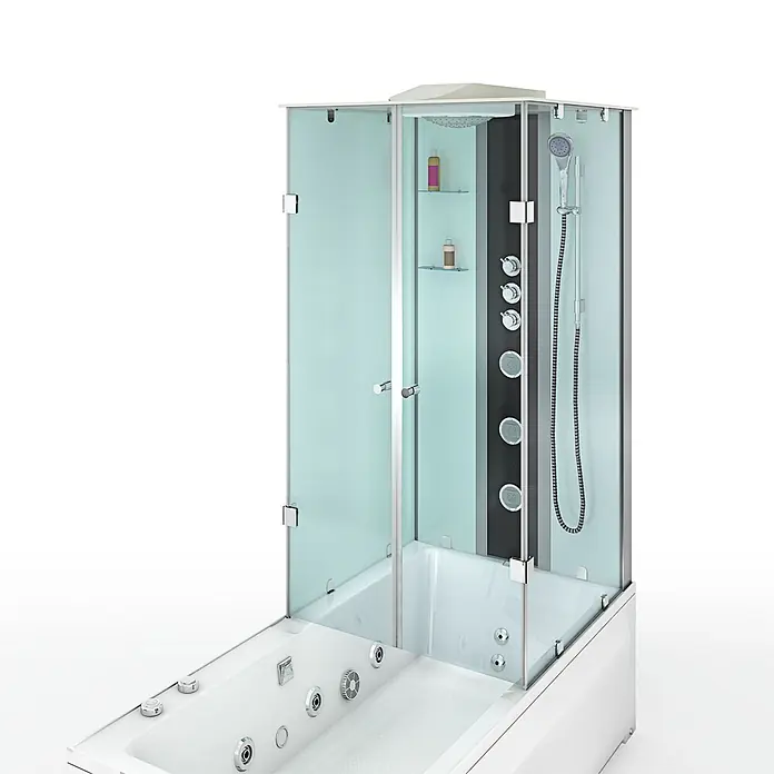 AcquaVapore Komplettdusche Fertigdusche K05-L02-WP - Weiß - Weiße Duschkabine und Badewanne in Kombination mit Glaspaneelen, Regendusche, Handbrause, Massagedüsen und integriertem Whirlpool.