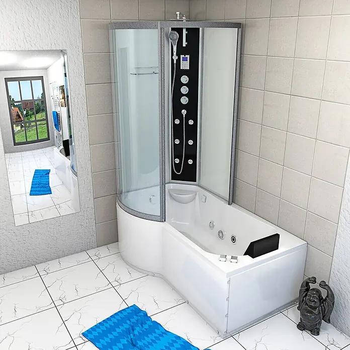 AcquaVapore Komplettdusche Fertigdusche K50-R03-WP-EC - Weiß - Weiße Eckbadewanne mit integrierter Duschkabine, schwarzem Bedienfeld und Glastüren, in einem modernen Badezimmer installiert.