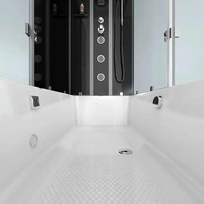 AcquaVapore Komplettdusche Fertigdusche K05-L31-WP - Schwarz - Weißer Dusch-Badewannen-Kombination mit schwarzem Duschpaneel, Chromarmaturen und strukturiertem Anti-Rutsch-Boden.