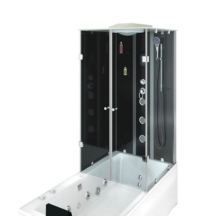 AcquaVapore Komplettdusche Fertigdusche K05-L31-WP - Schwarz - Weiße Whirlpool-Badewanne mit integrierter dunkler Glas-Dampfduschkabine, Regenbrause, Handbrause und Massagedüsen.