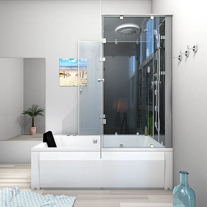 AcquaVapore Komplettdusche Fertigdusche K05-L31-WP - Schwarz - Weiße Badewanne mit integrierter Glasduschkabine und Chromarmaturen in einem modernen Badezimmer.