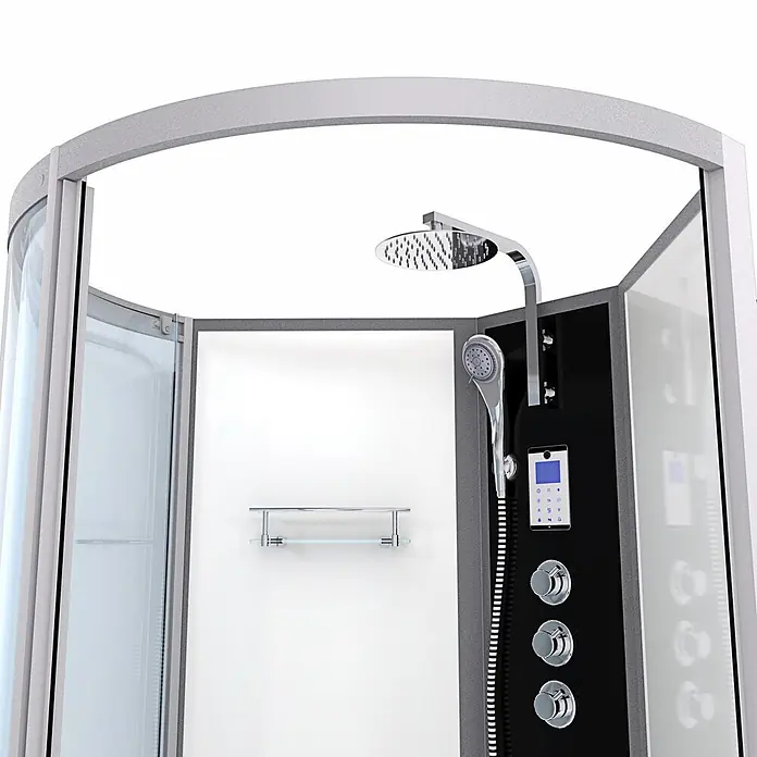 AcquaVapore Komplettdusche Fertigdusche K50-R03-WP-EC - Weiß - Moderne Duschkabine mit gebogenem grauem Rahmen, schwarzem Bedienfeld und Chromarmaturen. Mit Glaspaneelen und integriertem Regal.
