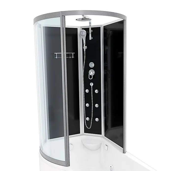 AcquaVapore Komplettdusche Fertigdusche K50-R30-WP - Schwarz - Moderne Eckduschkabine mit schwarzen Rückwänden, verchromten Kopf- und Handbrausen sowie Massagedüsen, auf weißer Basis.
