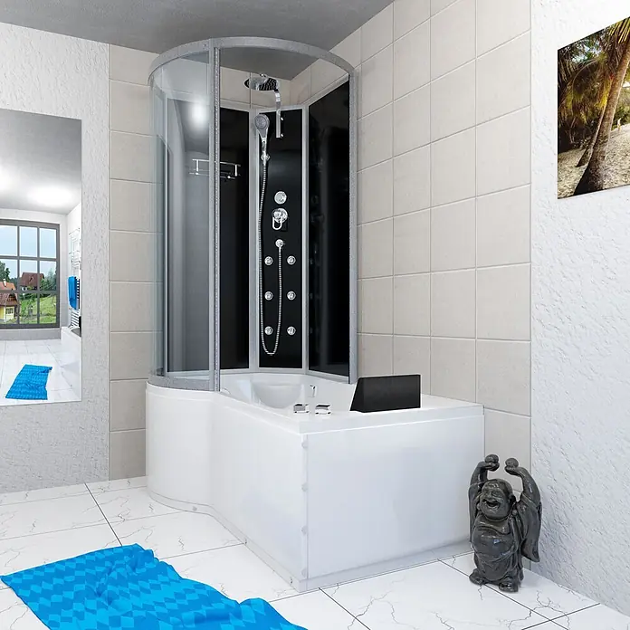 AcquaVapore Komplettdusche Fertigdusche K50-R30-WP - Schwarz - Weiße L-förmige Dusch-Badewannen-Kombination mit schwarzem Duschpaneel und Klarglastüren im gefliesten Badezimmer.