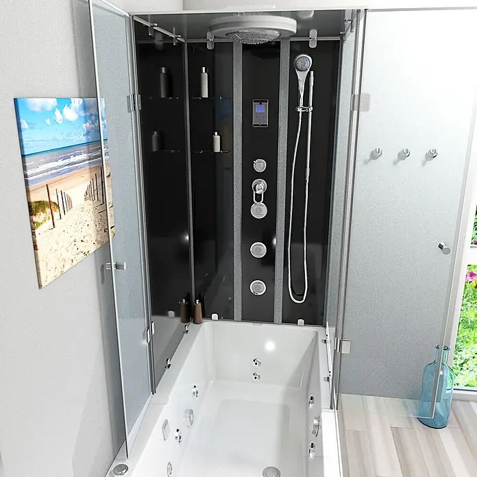AcquaVapore Komplettdusche Fertigdusche K05-L31-WP - Schwarz - Moderne Dusch-Badewannen-Kombination mit schwarzer Rückwand, Chromarmaturen, Glaswänden und integrierter Whirlpool-Funktion.